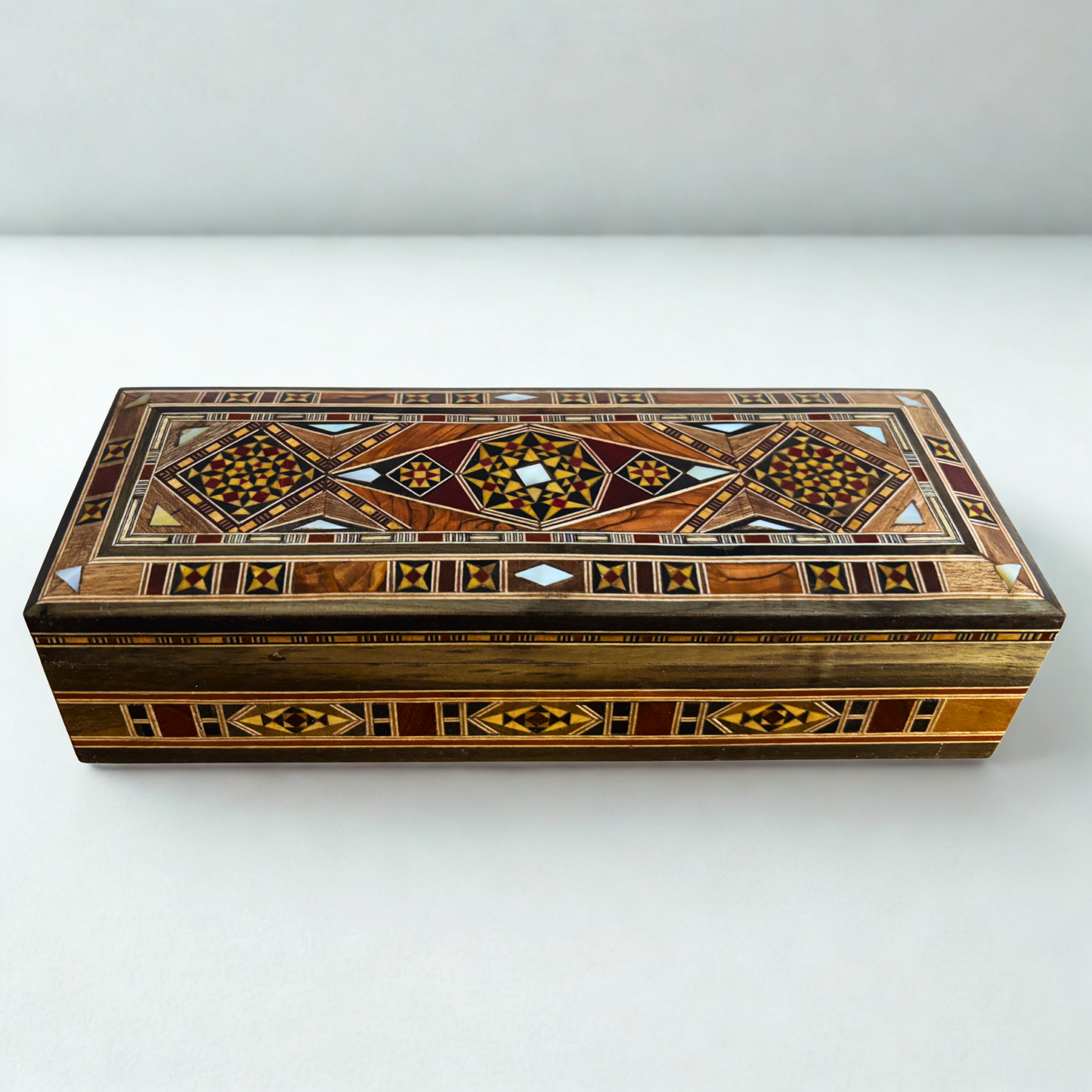 Damascene Mosaic Pen, Jewelry & Rosary Box – Handcrafted Pearl Art