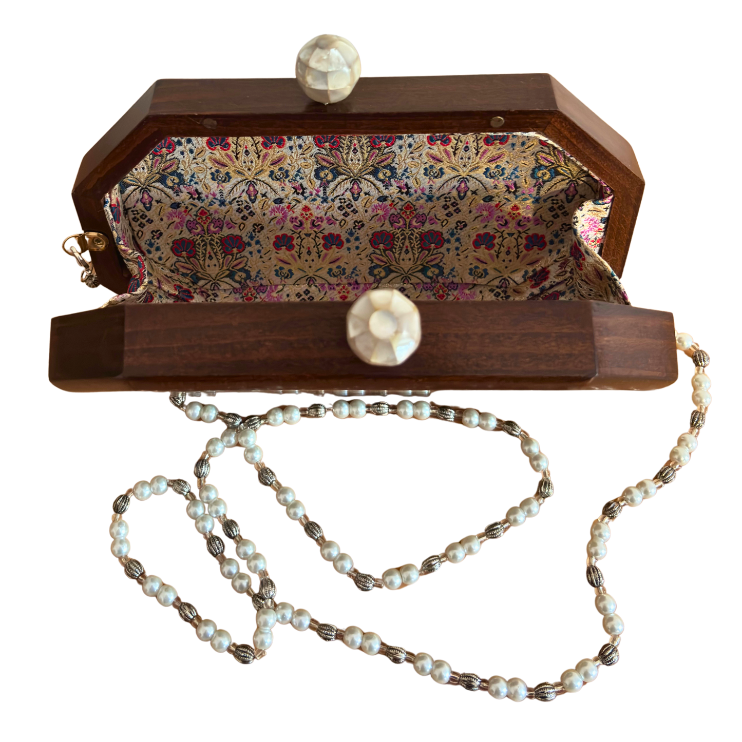 Jouri – Lüks Şam El Çantası, Gül Motifli Sedef İşleme & İnci Tesbih Zinciri