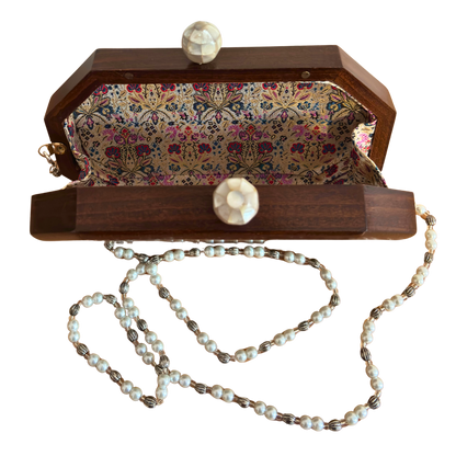 Jouri – Lüks Şam El Çantası, Gül Motifli Sedef İşleme & İnci Tesbih Zinciri