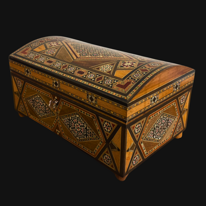 Vintage Şam Mozaik Takı Kutusu – 1970 El Yapımı Kilitli Çok Katmanlı Tasarım