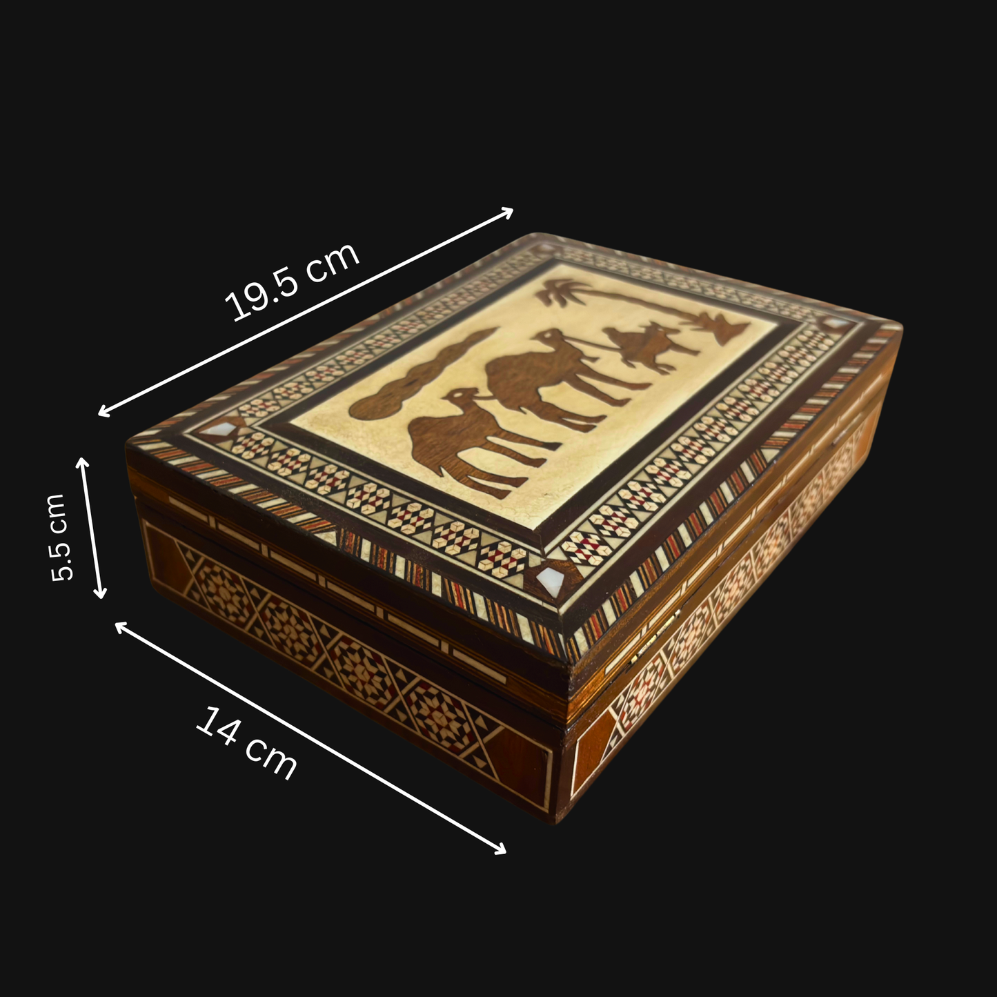 1970 Vintage Deve Mozaik Takı Kutusu – Sedef Kakmalı Şam El Sanatı