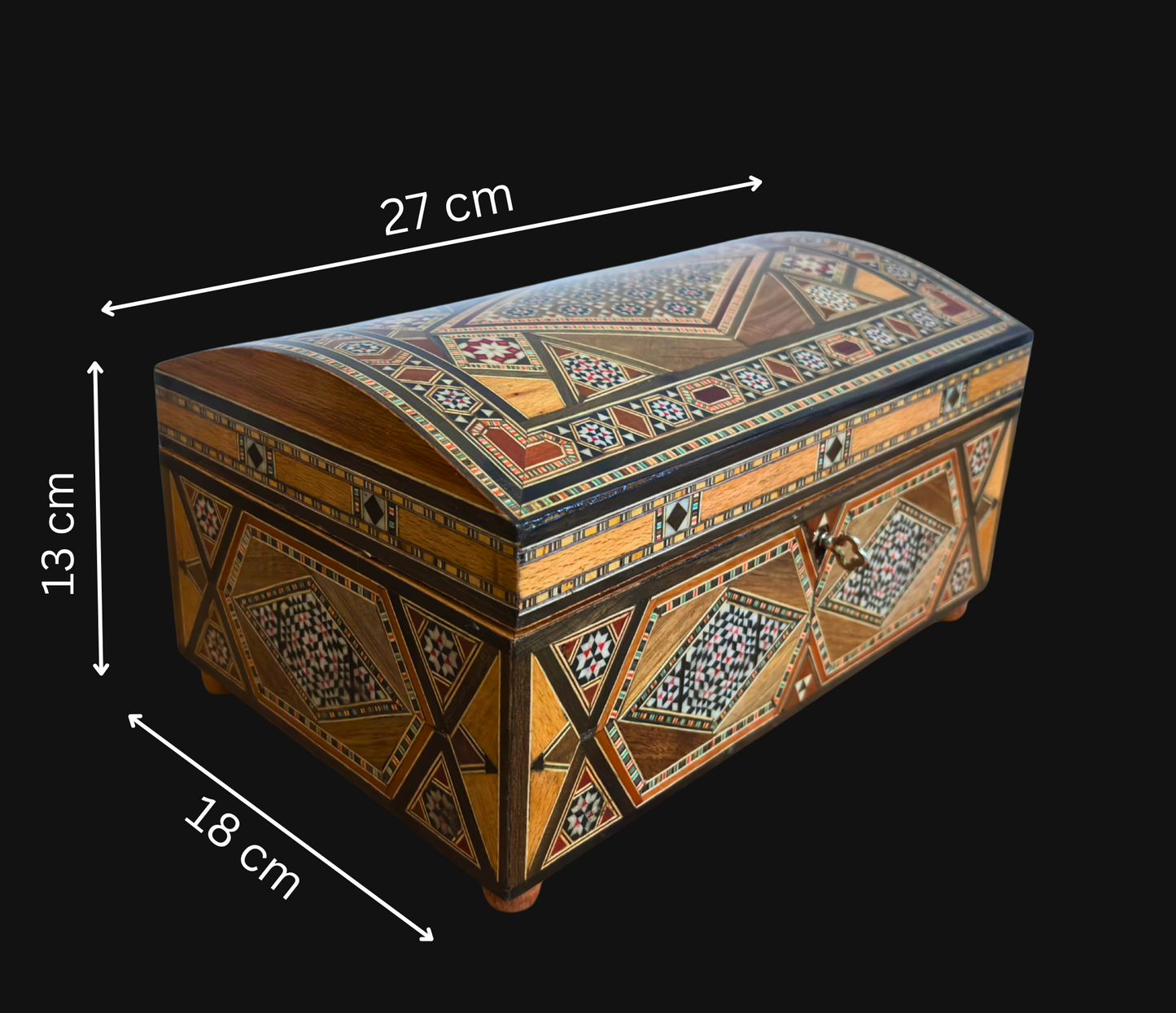 Vintage Şam Mozaik Takı Kutusu – 1970 El Yapımı Kilitli Çok Katmanlı Tasarım