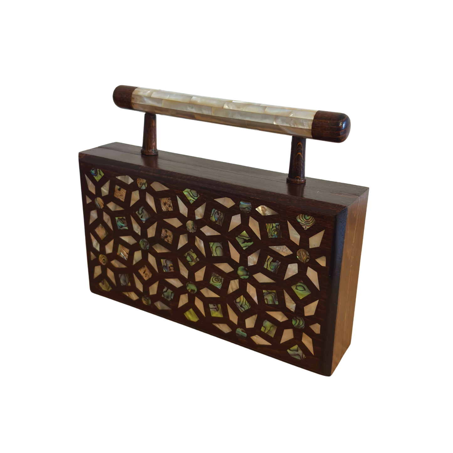 Zenobia – İnci Kakmalı & Brokar Astarı ile Lüks Dimaşk Mozaik Ahşap Clutch Çanta