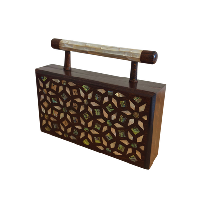 Zenobia – İnci Kakmalı & Brokar Astarı ile Lüks Dimaşk Mozaik Ahşap Clutch Çanta