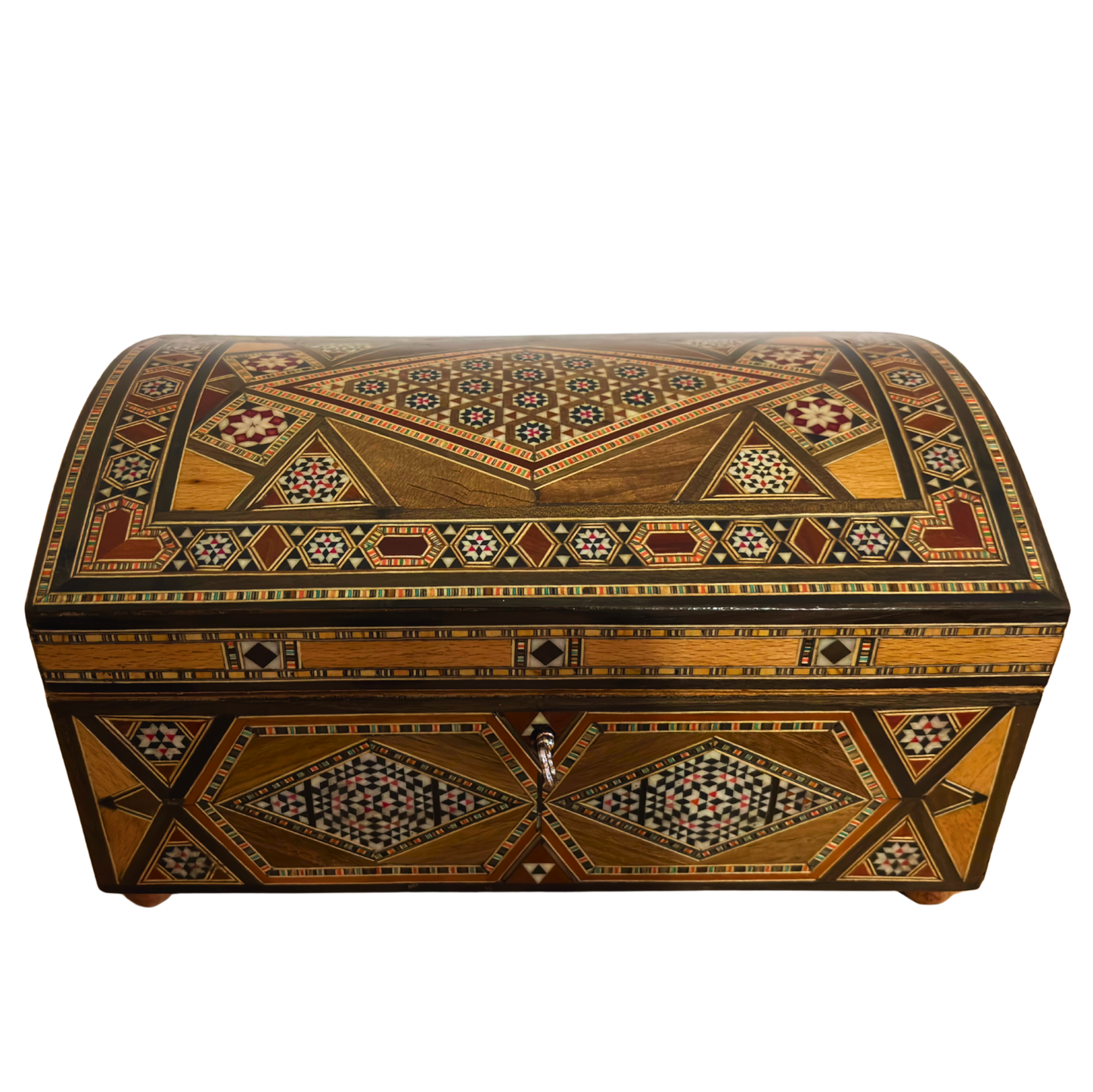Vintage Şam Mozaik Takı Kutusu – 1970 El Yapımı Kilitli Çok Katmanlı Tasarım