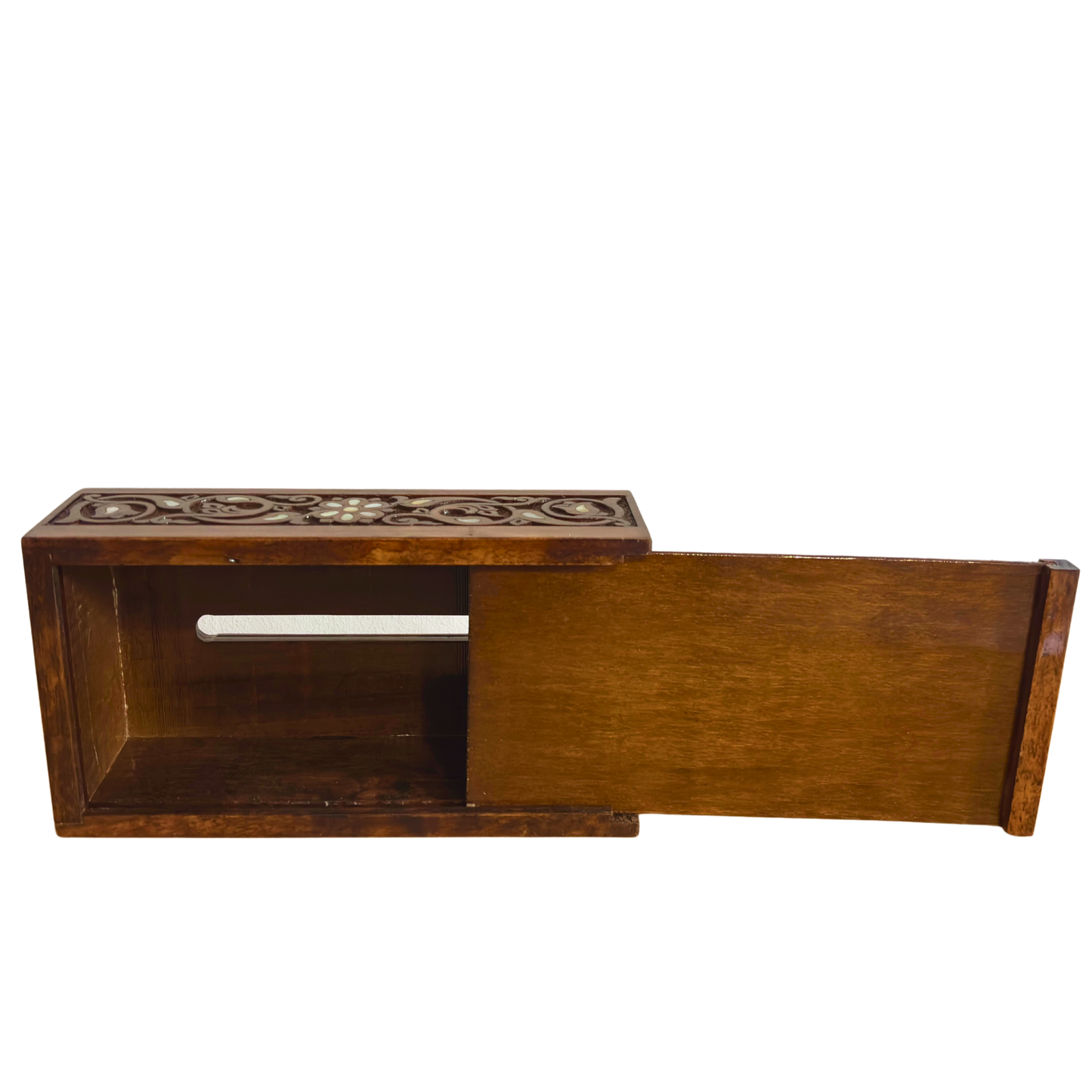 El Oyması Kayın Ahşap Peçete Kutusu – Ceviz Rengi ve Sedef İşlemeli