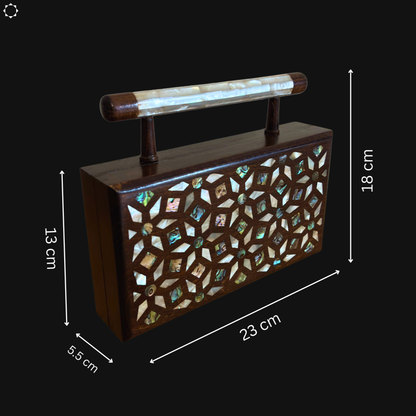 Zenobia – İnci Kakmalı & Brokar Astarı ile Lüks Dimaşk Mozaik Ahşap Clutch Çanta