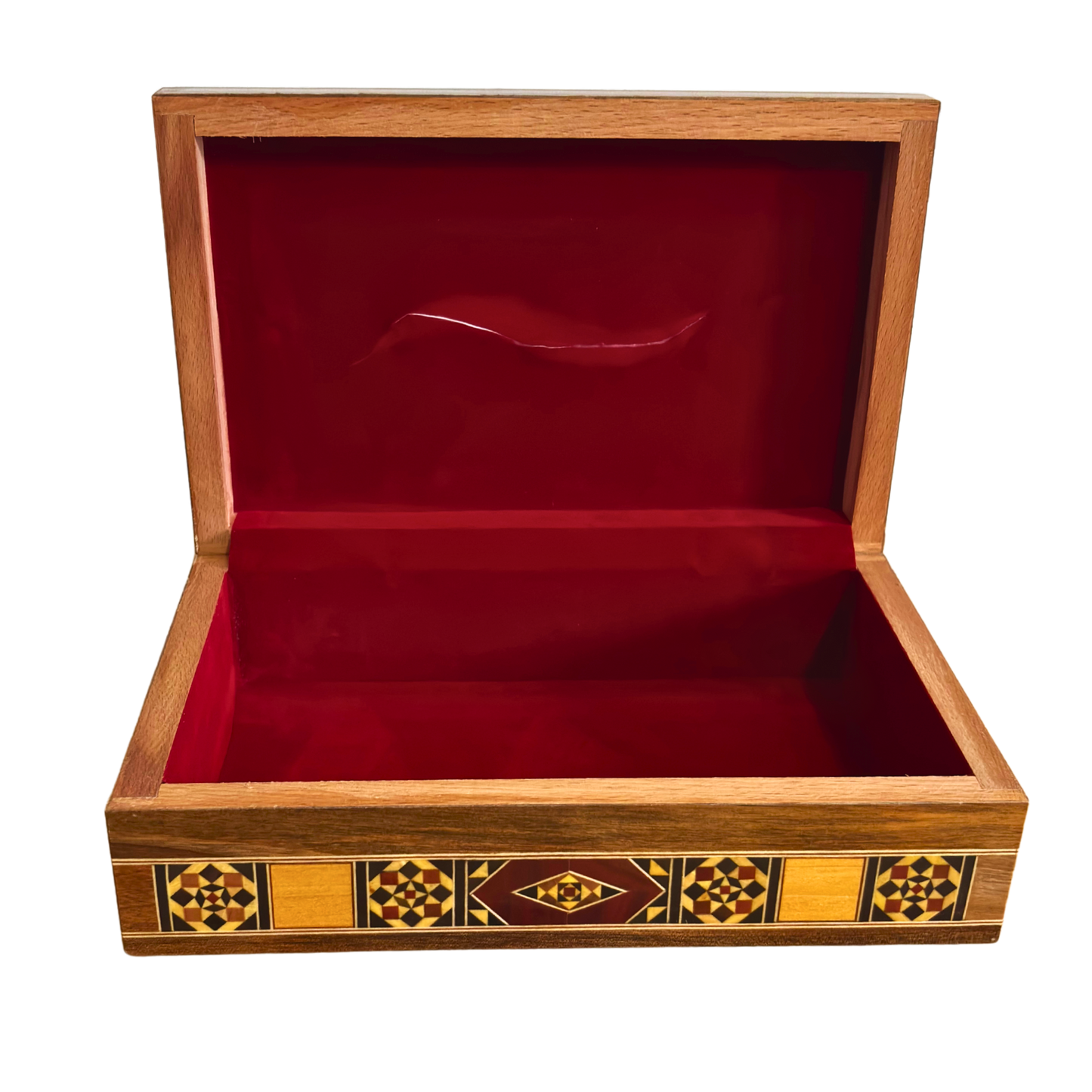 Zarif Şam Mozaikli Ahşap Mendil Kutusu – Sedef Kakma & Kadife İç Astar