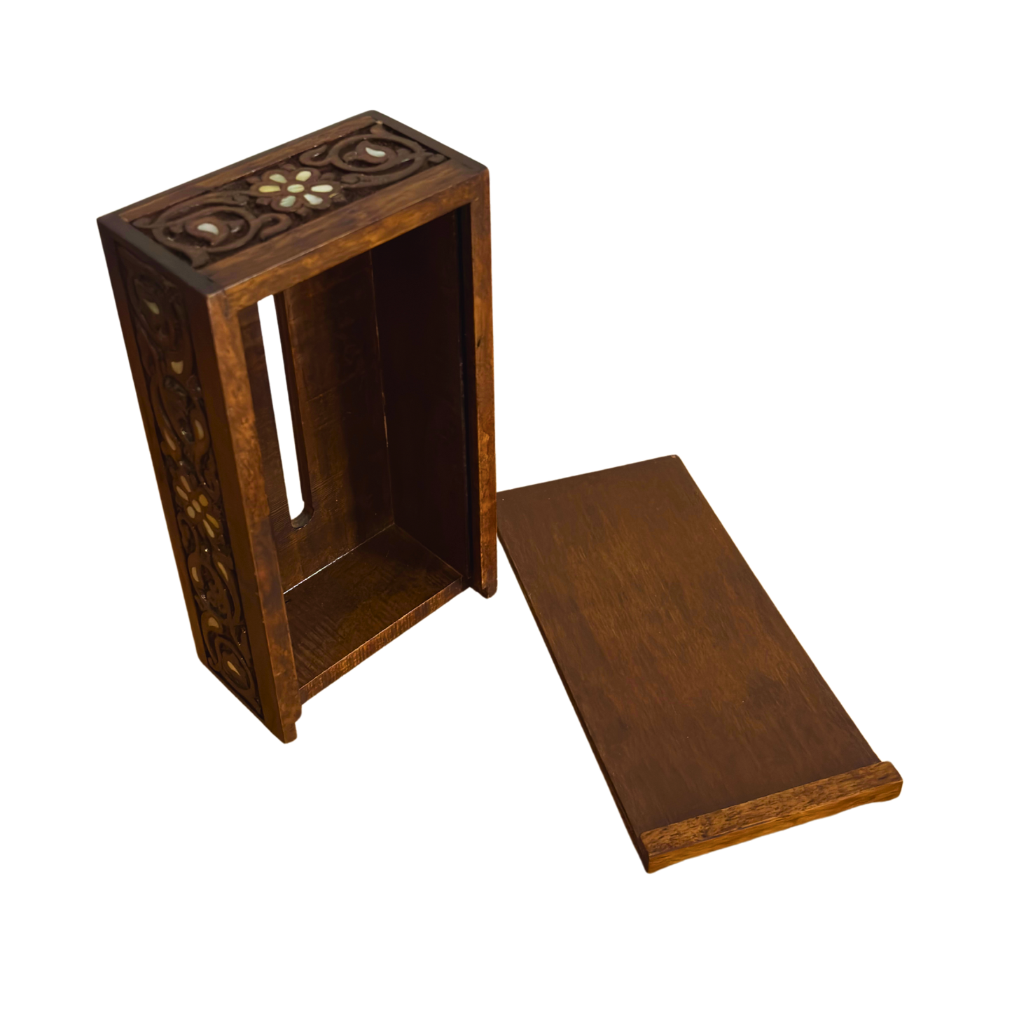 El Oyması Kayın Ahşap Peçete Kutusu – Ceviz Rengi ve Sedef İşlemeli