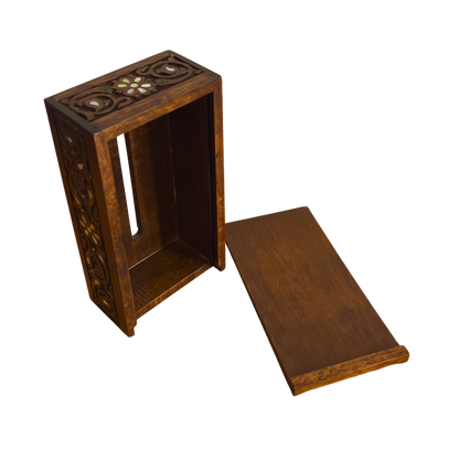 El Oyması Kayın Ahşap Peçete Kutusu – Ceviz Rengi ve Sedef İşlemeli