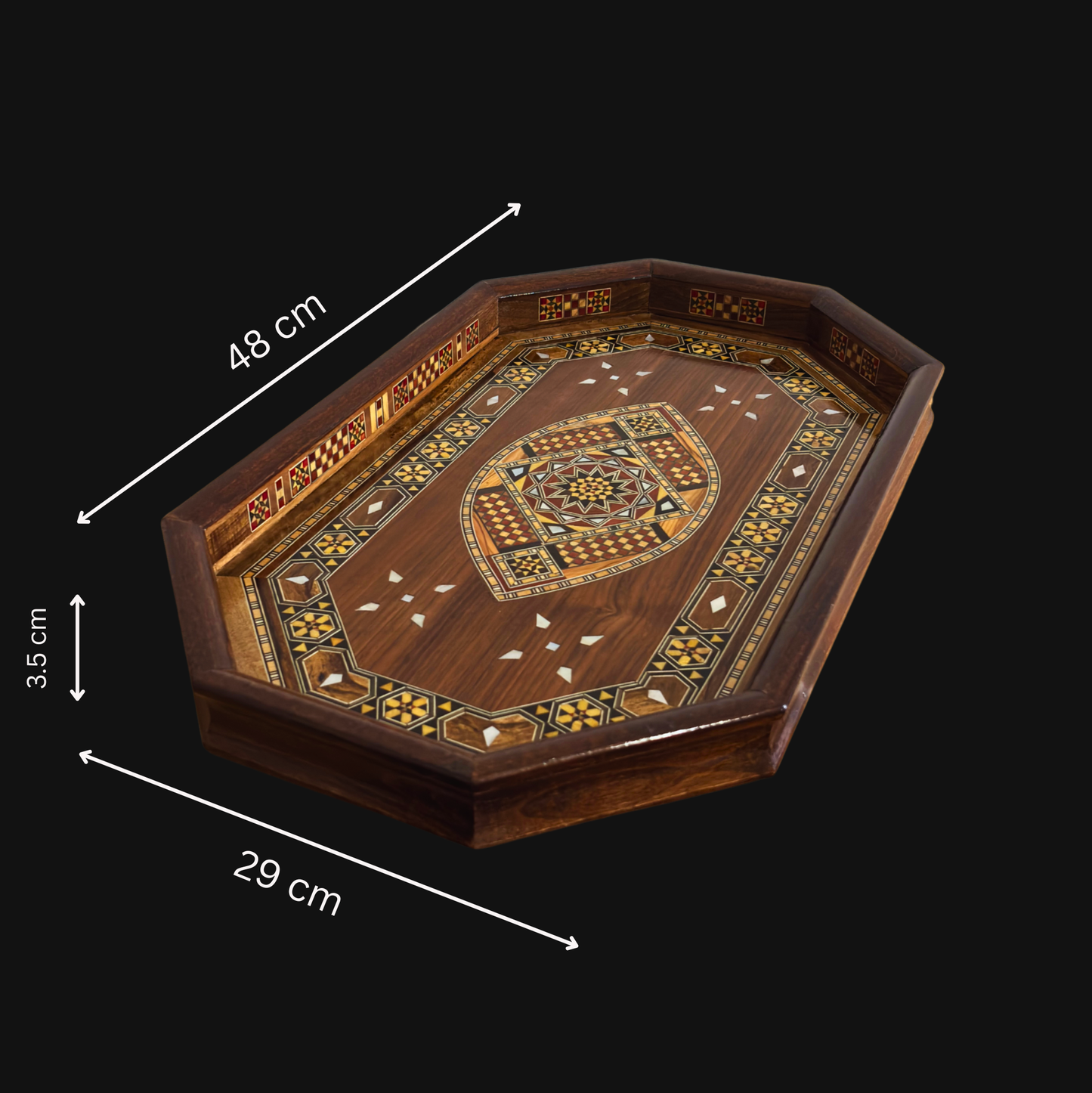 Şam Mozaikli Ahşap Tepsi – Sedef Kakma & Ceviz Tonu