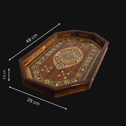 Şam Mozaikli Ahşap Tepsi – Sedef Kakma & Ceviz Tonu