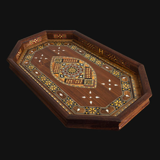Şam Mozaikli Ahşap Tepsi – Sedef Kakma & Ceviz Tonu