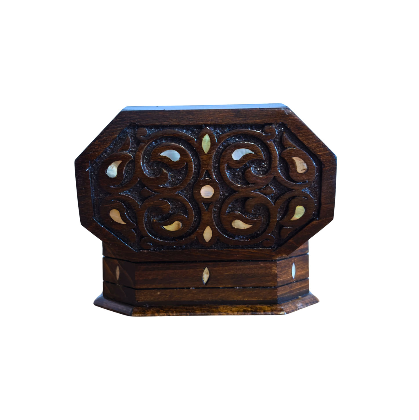 El Oyması Kayın Ahşap Kutu – Ceviz Rengi ve Sedef İşlemeli