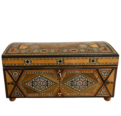 Vintage Şam Mozaik Takı Kutusu – 1970 El Yapımı Kilitli Çok Katmanlı Tasarım