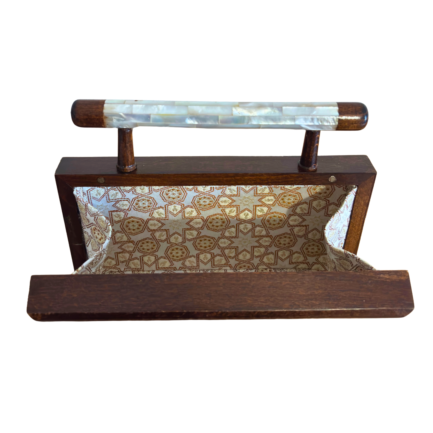 Zenobia – İnci Kakmalı & Brokar Astarı ile Lüks Dimaşk Mozaik Ahşap Clutch Çanta