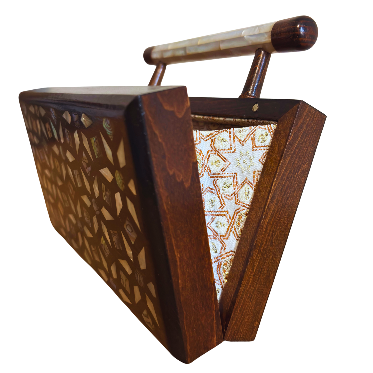 Zenobia – İnci Kakmalı & Brokar Astarı ile Lüks Dimaşk Mozaik Ahşap Clutch Çanta