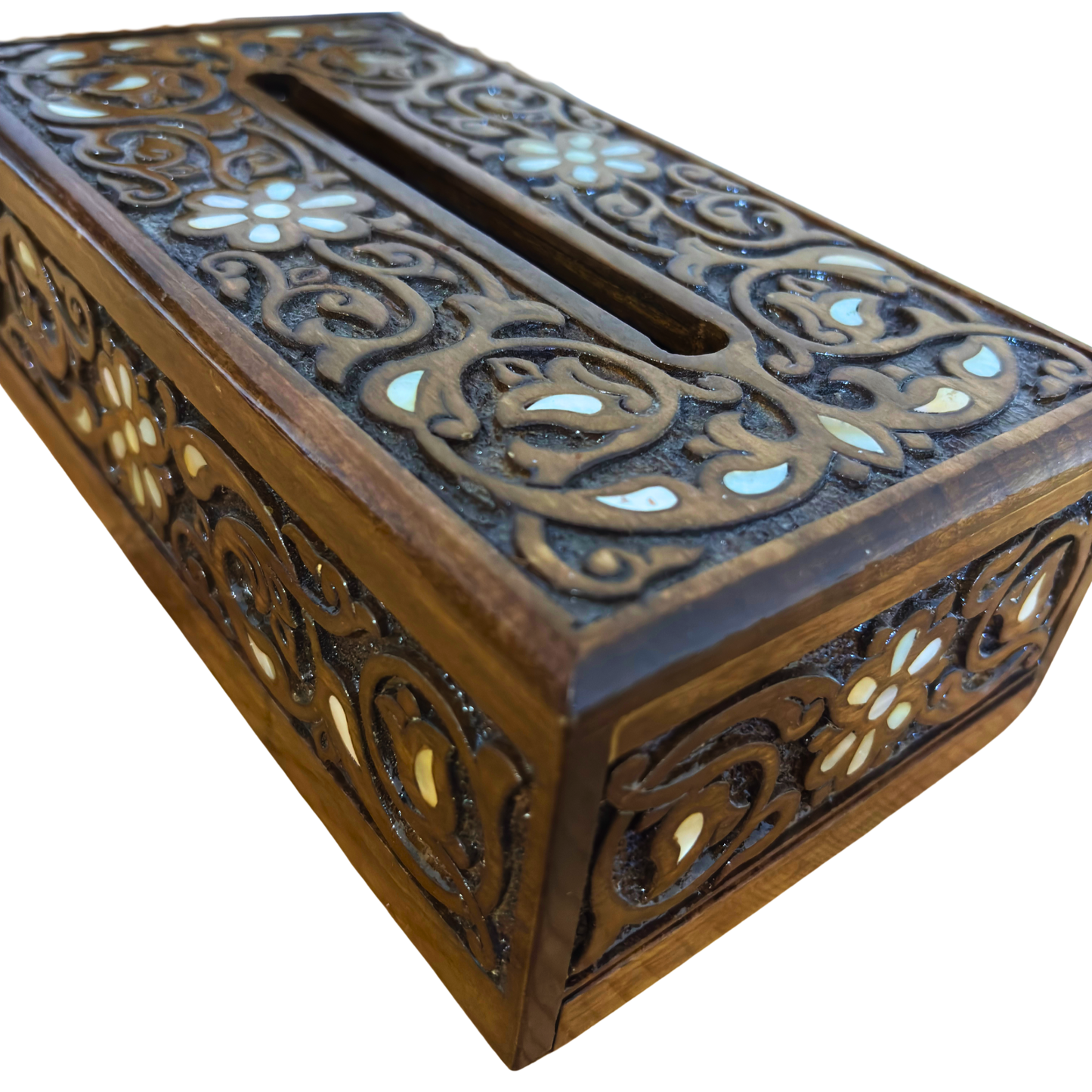 El Oyması Kayın Ahşap Peçete Kutusu – Ceviz Rengi ve Sedef İşlemeli