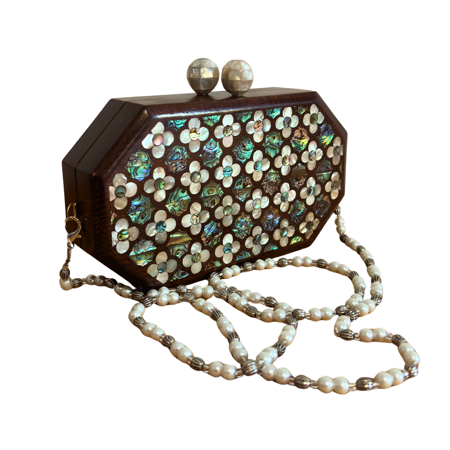 Jouri – Lüks Şam El Çantası, Gül Motifli Sedef İşleme & İnci Tesbih Zinciri