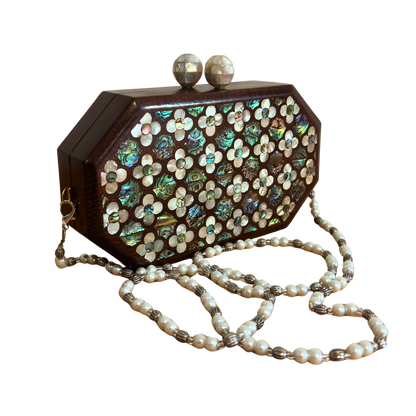 Jouri – Lüks Şam El Çantası, Gül Motifli Sedef İşleme & İnci Tesbih Zinciri