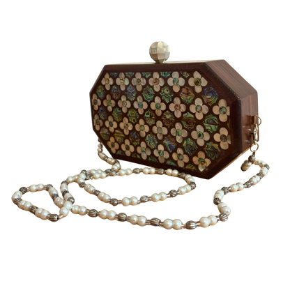 Jouri – Lüks Şam El Çantası, Gül Motifli Sedef İşleme & İnci Tesbih Zinciri