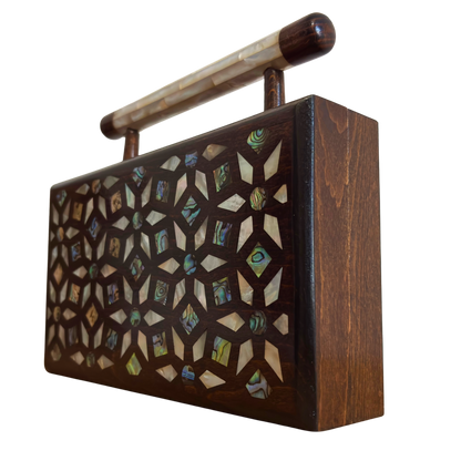 Zenobia – İnci Kakmalı & Brokar Astarı ile Lüks Dimaşk Mozaik Ahşap Clutch Çanta