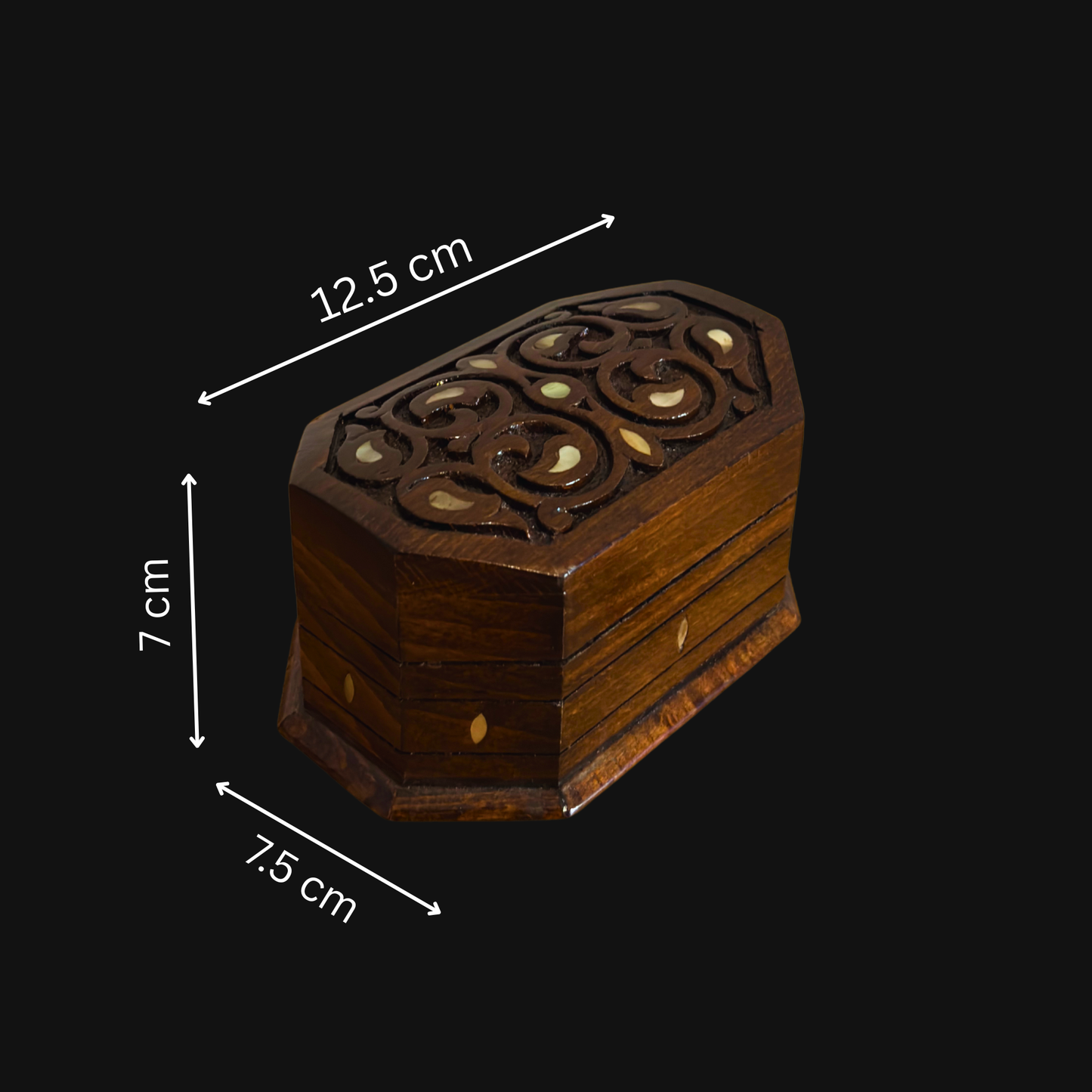 El Oyması Kayın Ahşap Kutu – Ceviz Rengi ve Sedef İşlemeli