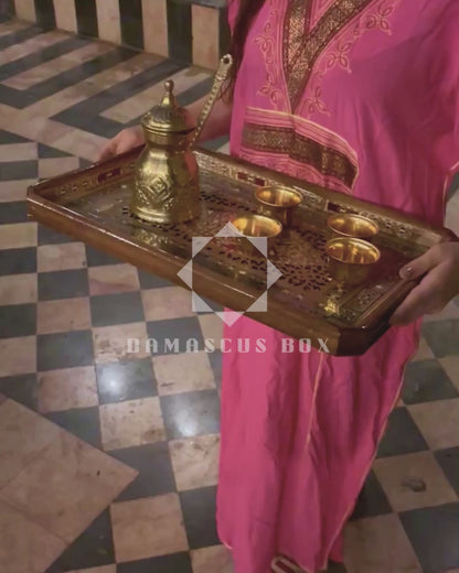 Şam Mozaikli Ahşap Tepsi – Sedef Kakma & Doğal Ağaç Tonları